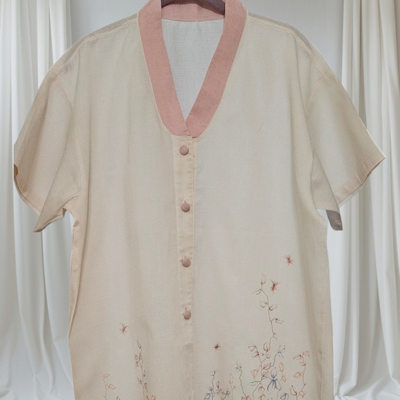 Korean Made Linen Cream and Pink Button-Up Blouse with Screen Print Design - Picture 9 of 9
